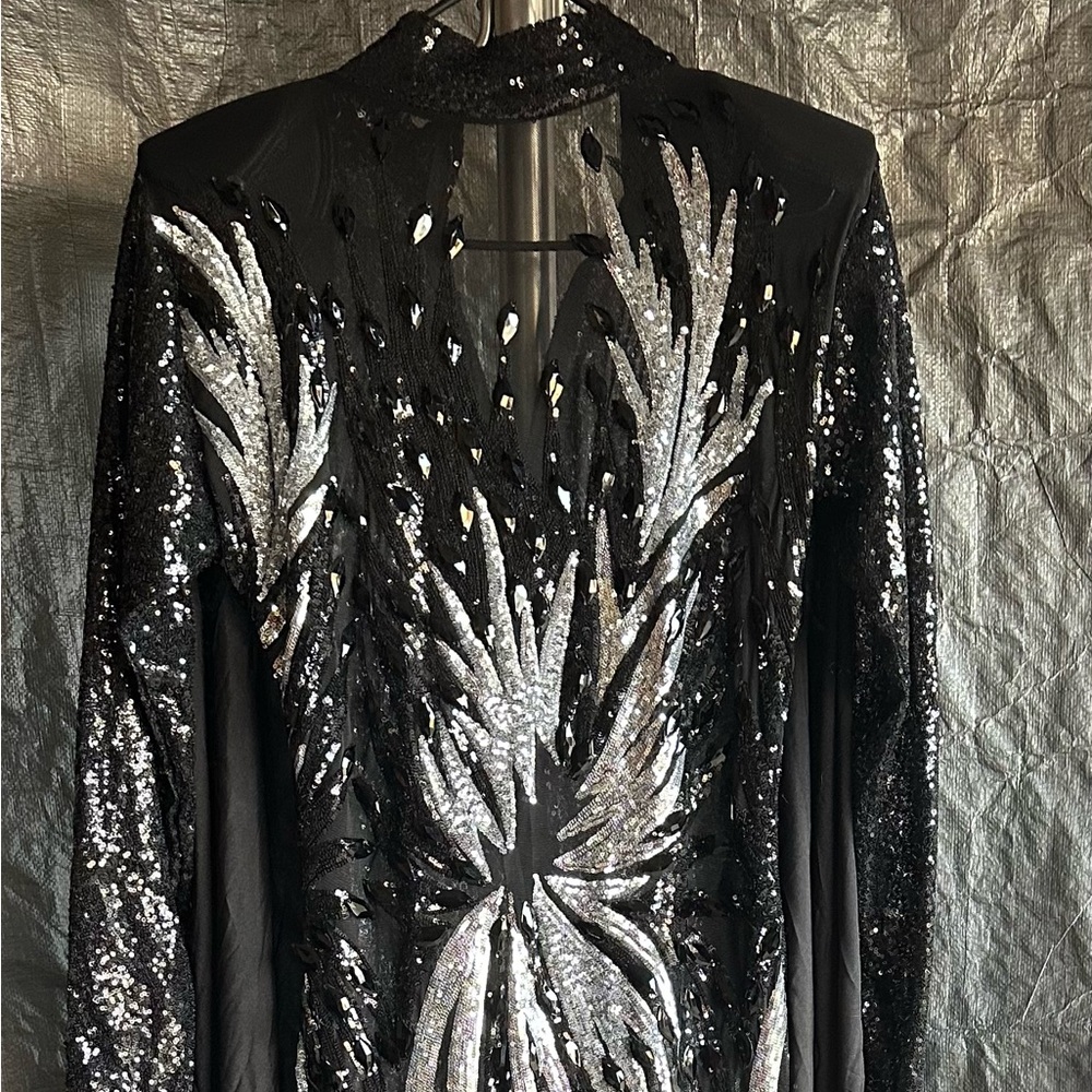 Glamorous Black and Silver Sequin Long Sleeve Dress